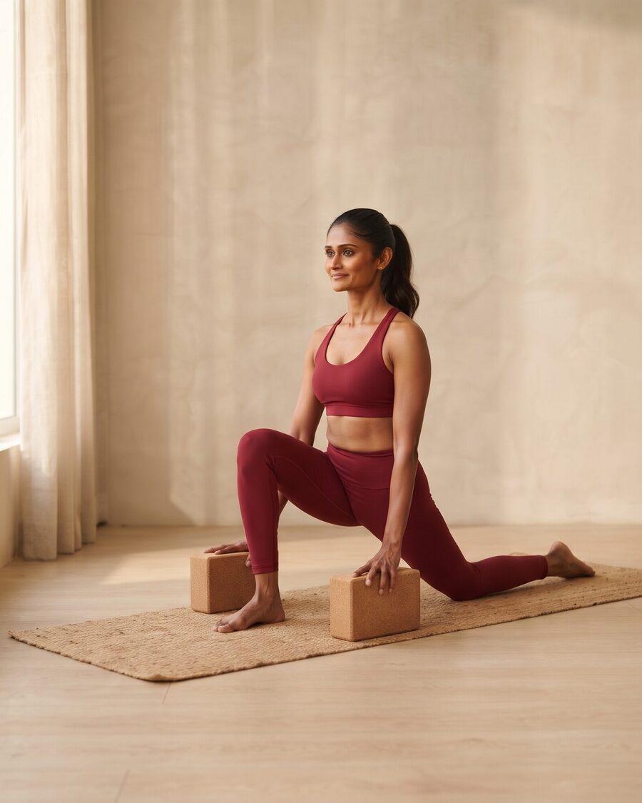 Geeta in a supported low lunge on yoga blocks